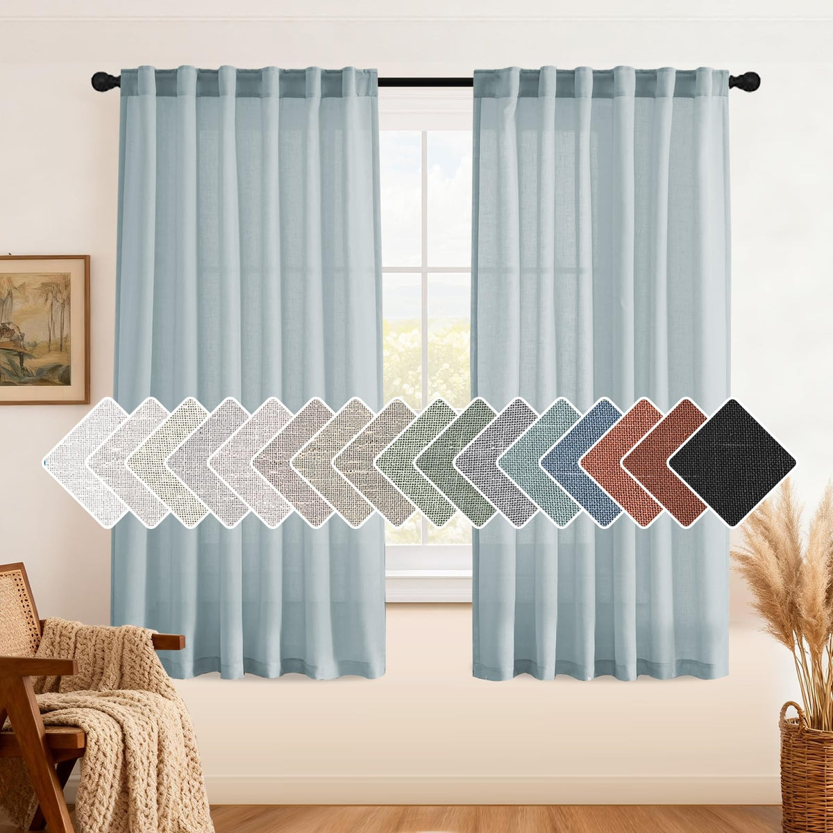 H.VERSAILTEX Natural Linen Grommet Curtains 84 Inch Length for Living Room 2 Panel Drape Semi Sheer Neutral Country Rustic Farmhouse Boho Curtain Bedroom Muslin Look Light Filtering, Heathered Natural