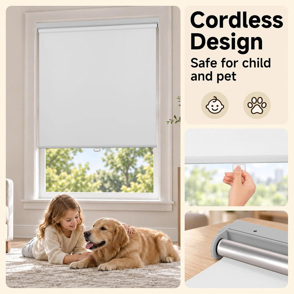 HESTIA No Drill Cordless Blackout Roller Shades Screwless Waterproof Shower Window Blinds, Auto-Retraction Easy Install Blind for Bathroom/Kitchen/Office/Exterior, White, 21" W x 54" H