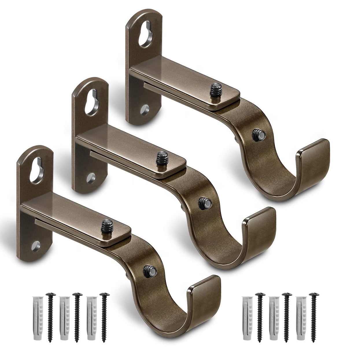 Adjustable Curtain Rod Brackets for 1" Rods, 3 Pack, Black