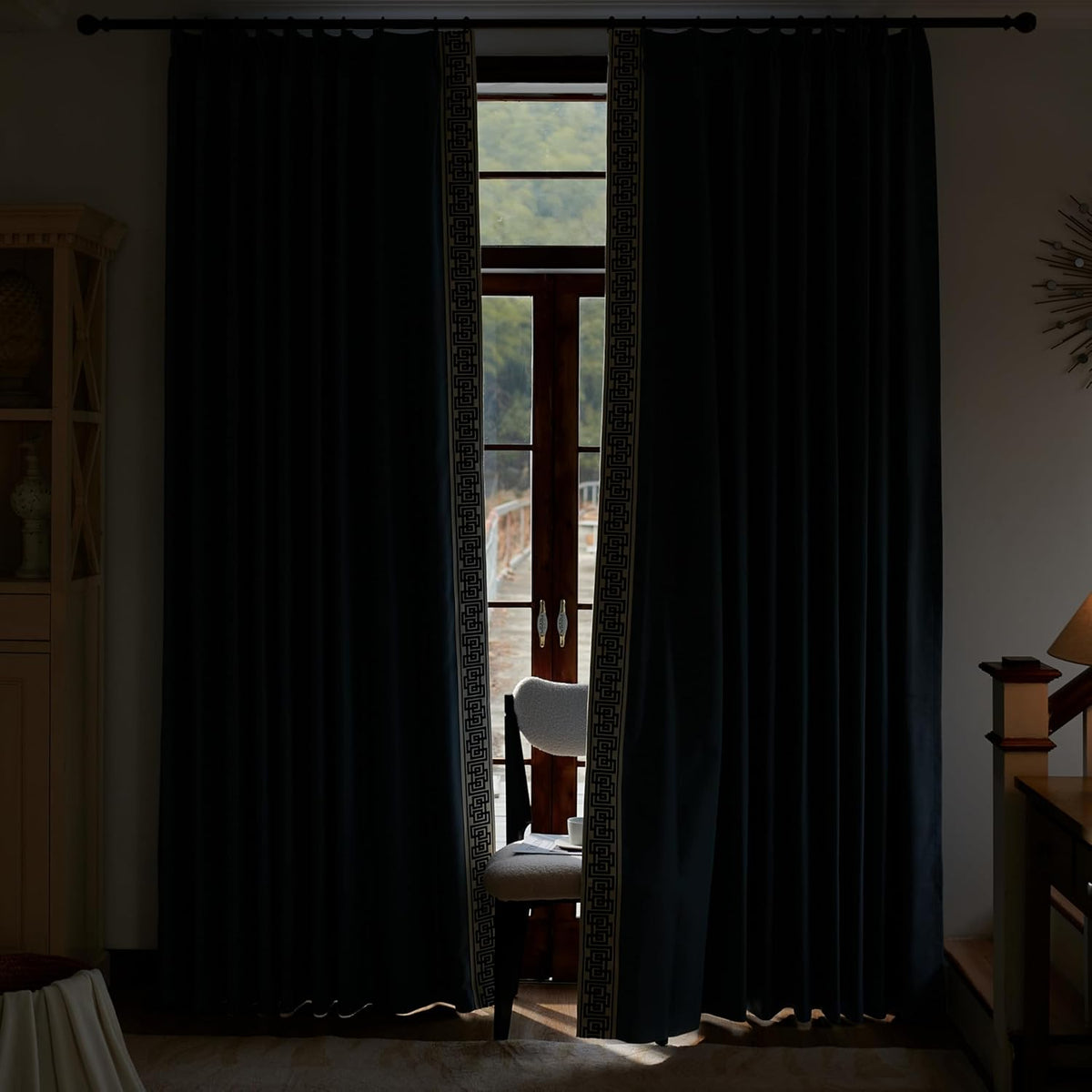 VisionaryHomeDesign Blue Pinch Pleat Cotton Linen Blend Curtains, Drapes with Greek Key Trim, Room Darkening Curtains for Rooms Doors Windows (50‘’W x 84‘’L)