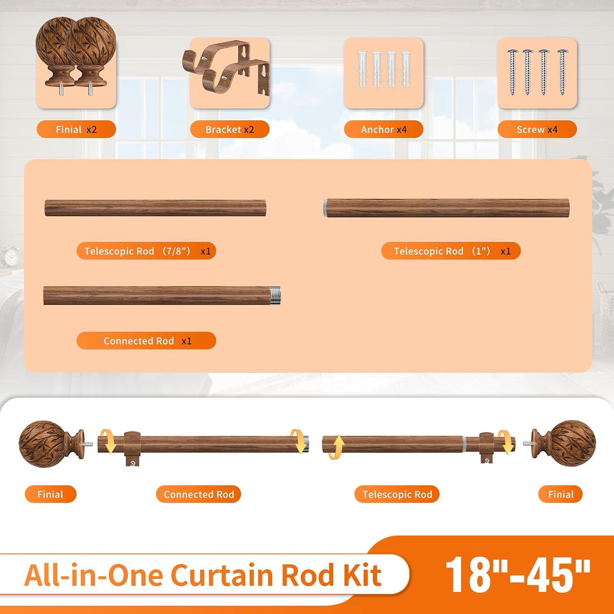 Wood Curtain Rods for Windows 18-45" Adjustable Window Treatment Rods