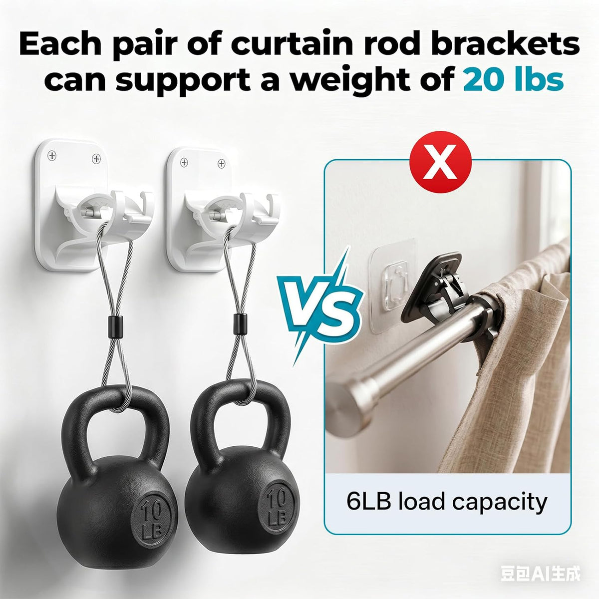 JHCJHC No Drill Curtain Rod Brackets-20LB,4 Pcs Adhesive Curtain Rod Holder