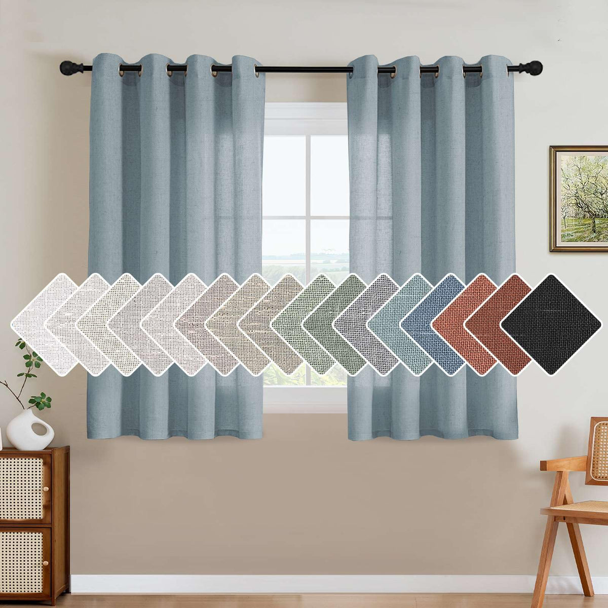 H.VERSAILTEX Natural Linen Grommet Curtains 84 Inch Length for Living Room 2 Panel Drape Semi Sheer Neutral Country Rustic Farmhouse Boho Curtain Bedroom Muslin Look Light Filtering, Heathered Natural