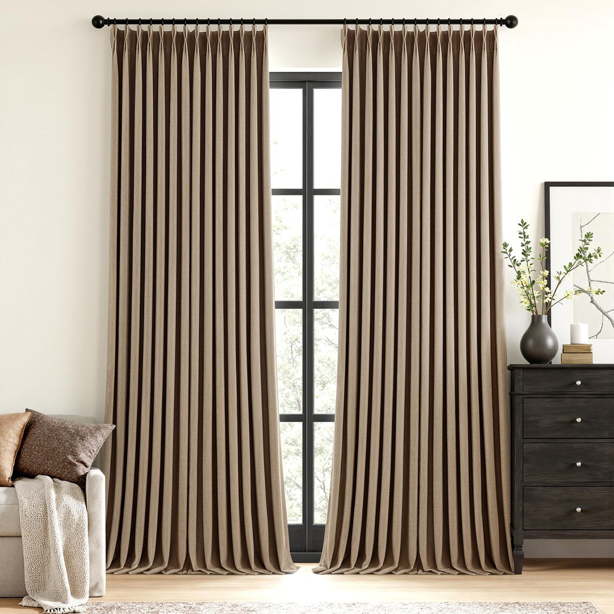 MIULEE Olive Green Pinch Pleated 100% Blackout Linen Curtains 40x108 Inches