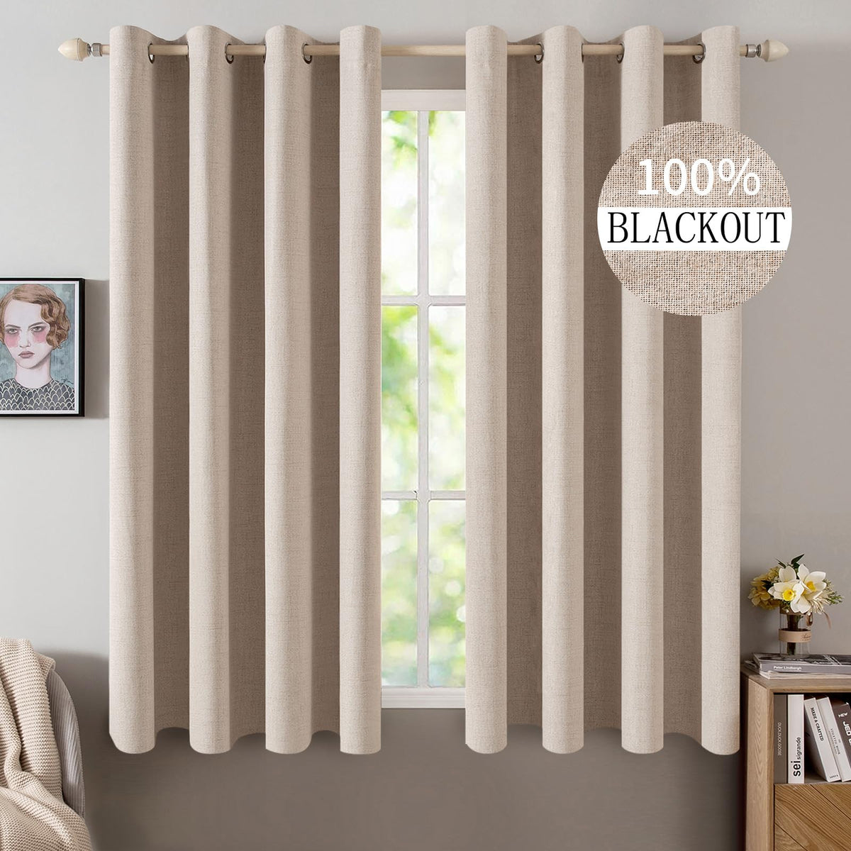 MIULEE 100% Blackout Linen Curtains for Bedroom 52x84 Inches Dusty Blue