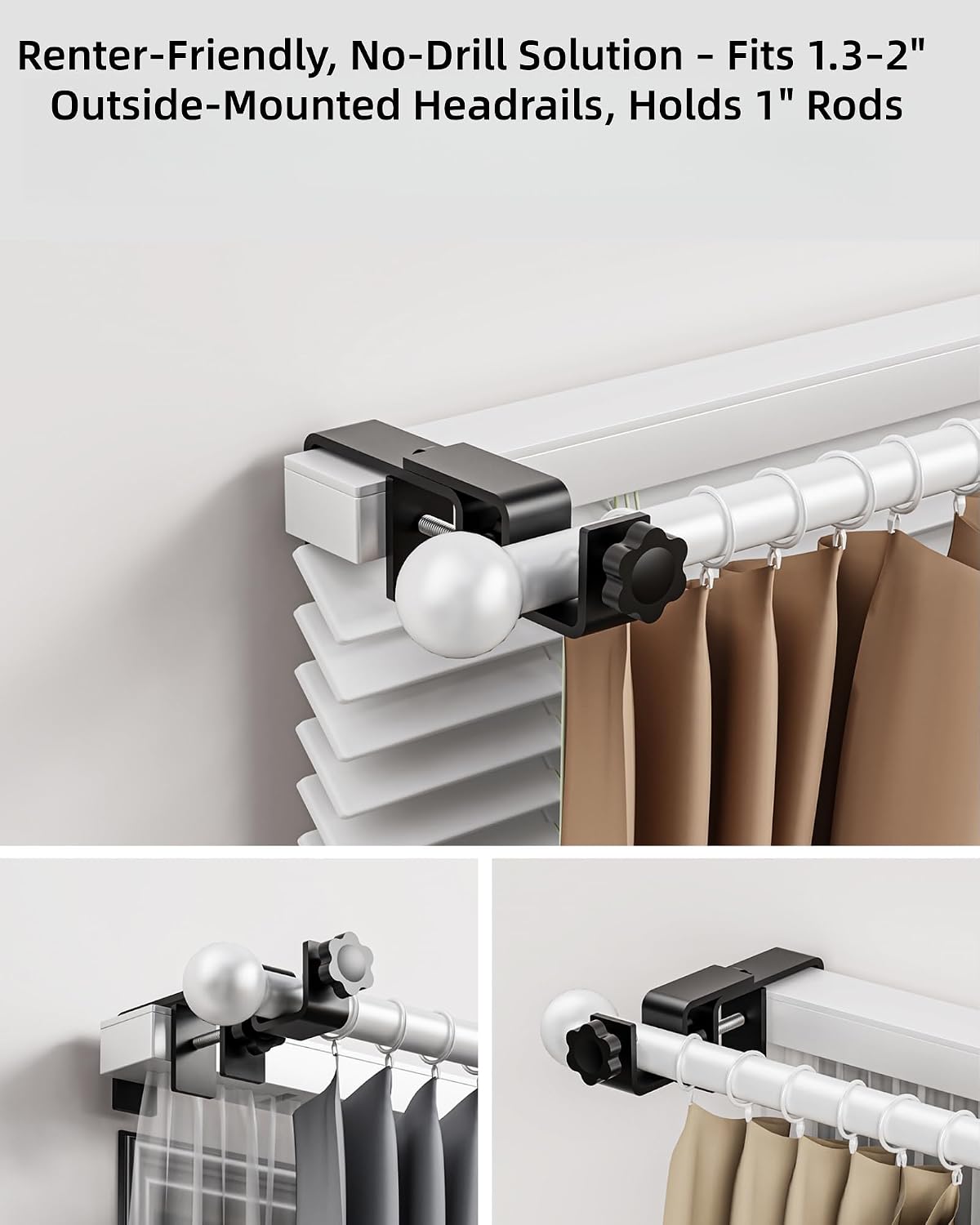 Over-Blinds Curtain Rod Brackets for Outside-Mounted Blinds, Blinds Curtain Rod Brackets for 1.3–2” Rectangular Headrails, Tool-Free No-Drill Installation for Apartments, Rentals Set of 2 (Black)