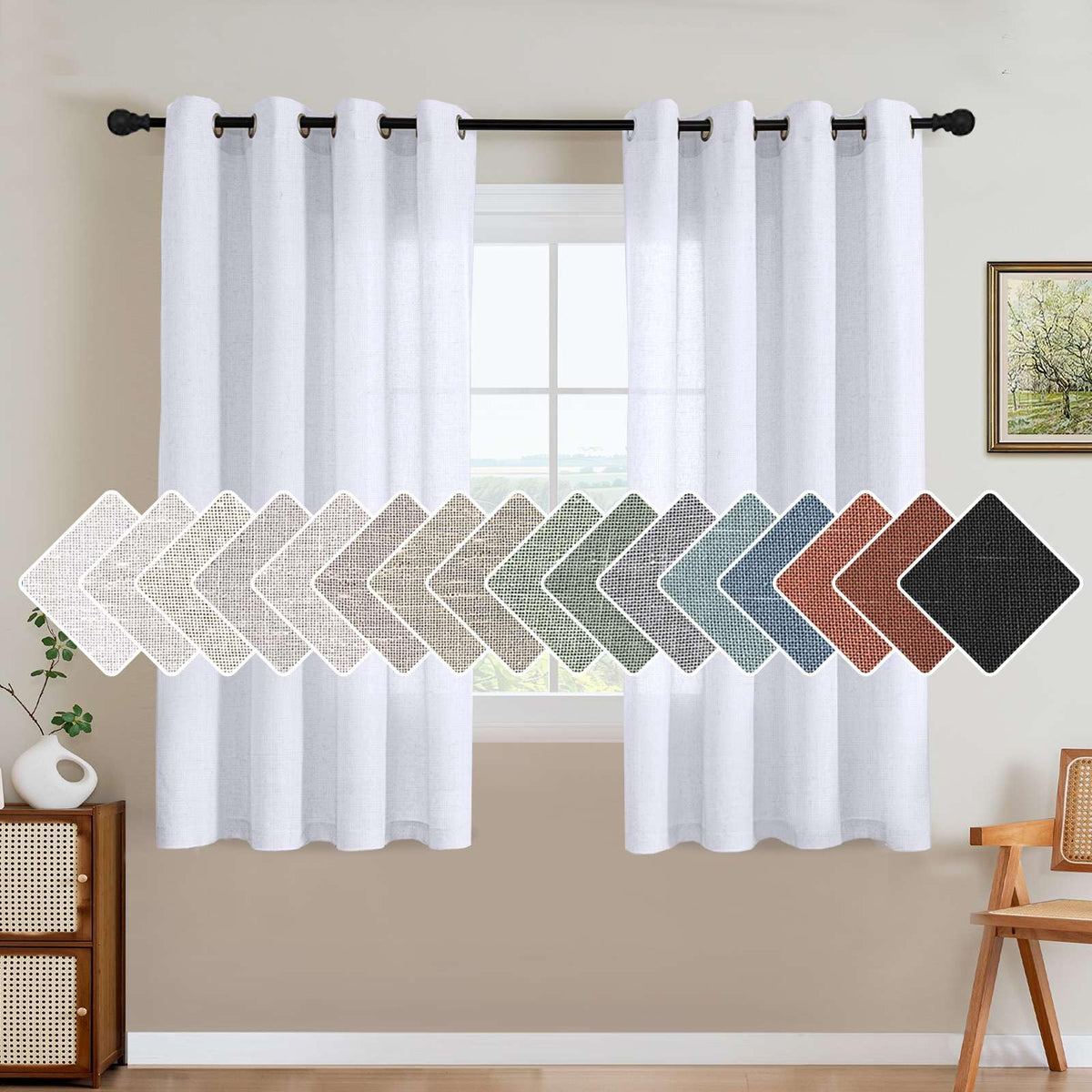 H.VERSAILTEX Natural Linen Grommet Curtains 84 Inch Length for Living Room 2 Panel Drape Semi Sheer Neutral Country Rustic Farmhouse Boho Curtain Bedroom Muslin Look Light Filtering, Heathered Natural