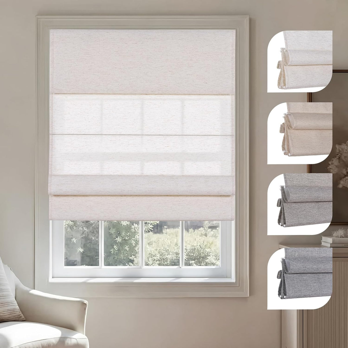 Persilux Light Filtering Roman Shades for Indoor Windows Cordless,Pull Down Linen Fabric Roman Blinds,Privacy Window Shades for Door,Bedroom,Office,Easy to Install,Light Filtering-Cream,Custom Size