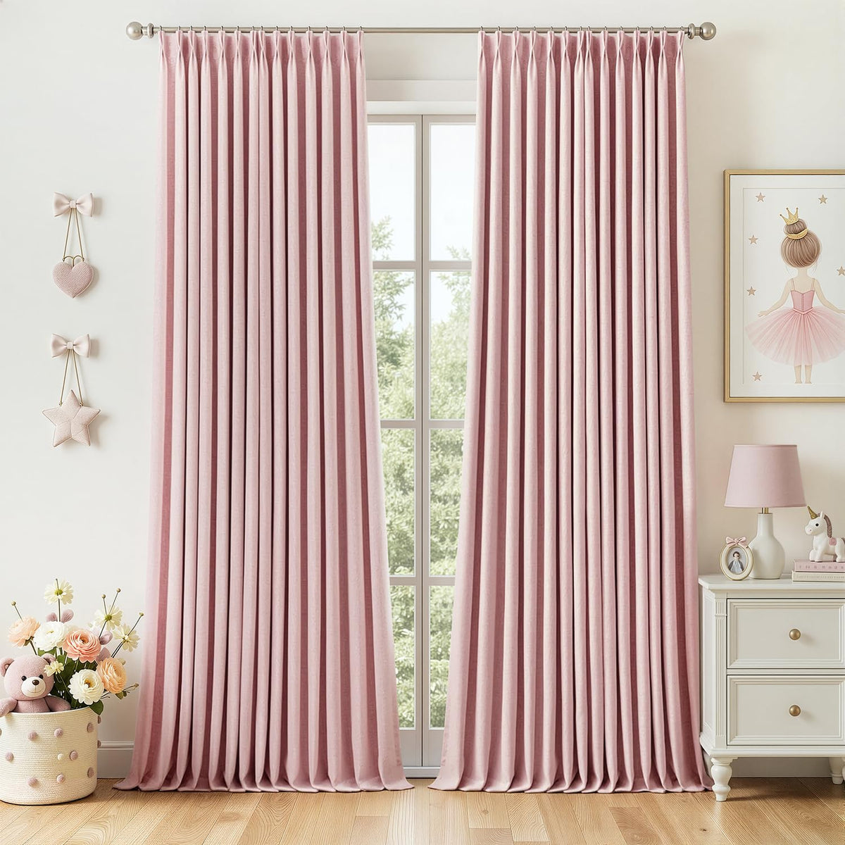 MIULEE Olive Green Pinch Pleated 100% Blackout Linen Curtains 40x108 Inches