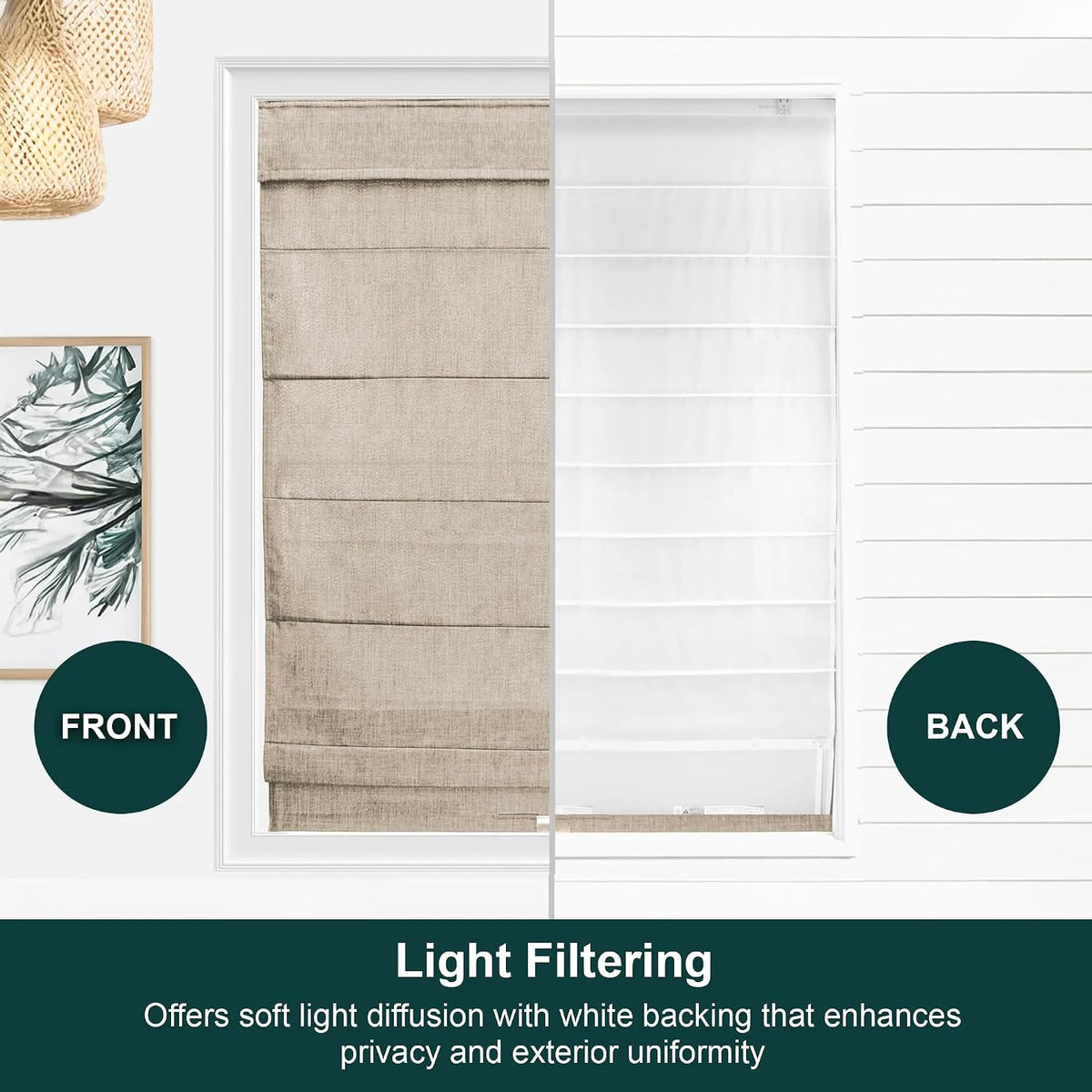Chicology Cordless Roman Window Shade, Belgian Flax, 29"W x 64"H