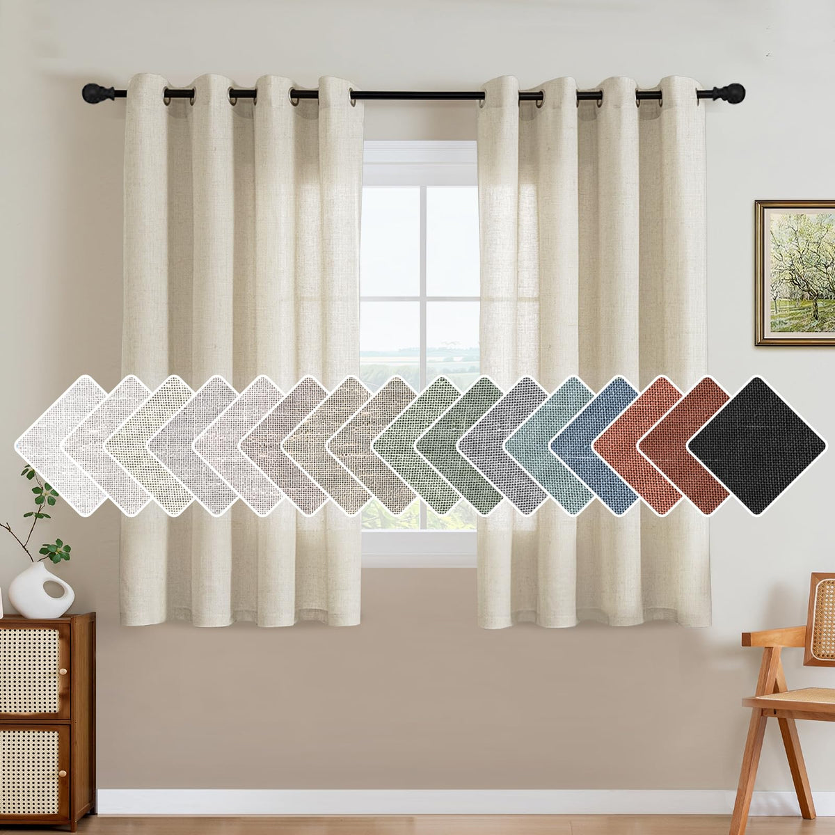 H.VERSAILTEX Natural Linen Grommet Curtains 84 Inch Length for Living Room 2 Panel Drape Semi Sheer Neutral Country Rustic Farmhouse Boho Curtain Bedroom Muslin Look Light Filtering, Heathered Natural
