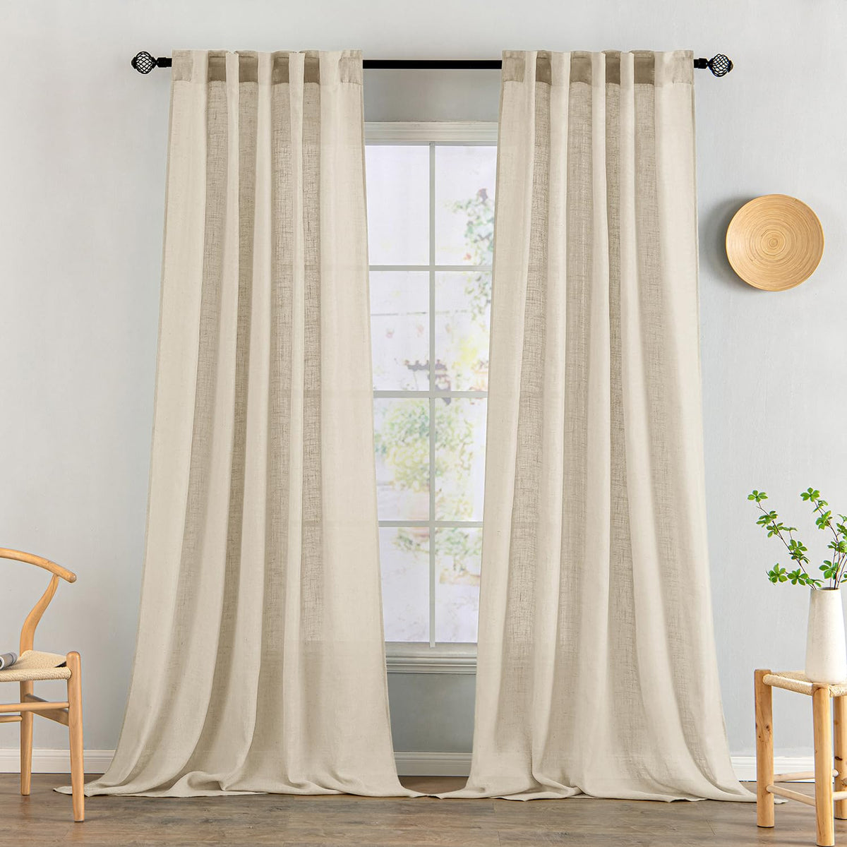 MIULEE Natural White Linen Curtains 52x96 Inch Long 2 Panels for Bedroom