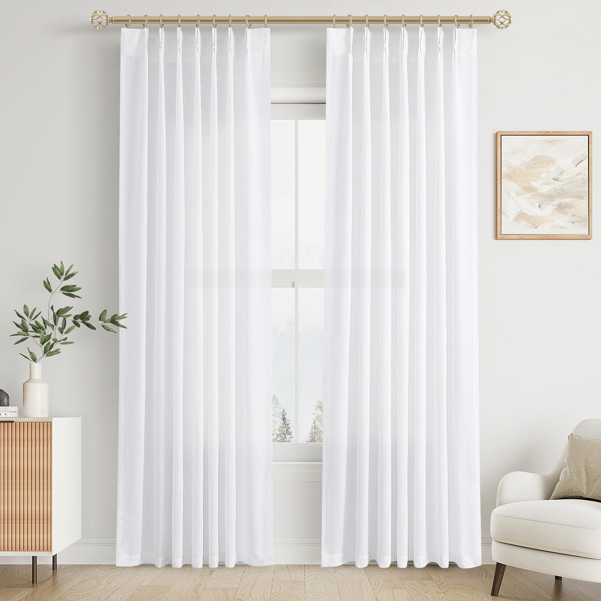 Aersas Linen Pinch Pleated Curtains 84 Inch Length 2 Panels Set for Living Room Cream Semi Sheer Window Curtain for Bedroom Boho Farmhouse Neutral Back Tab Drape Decor with Hooks, Natural Beige Ivory