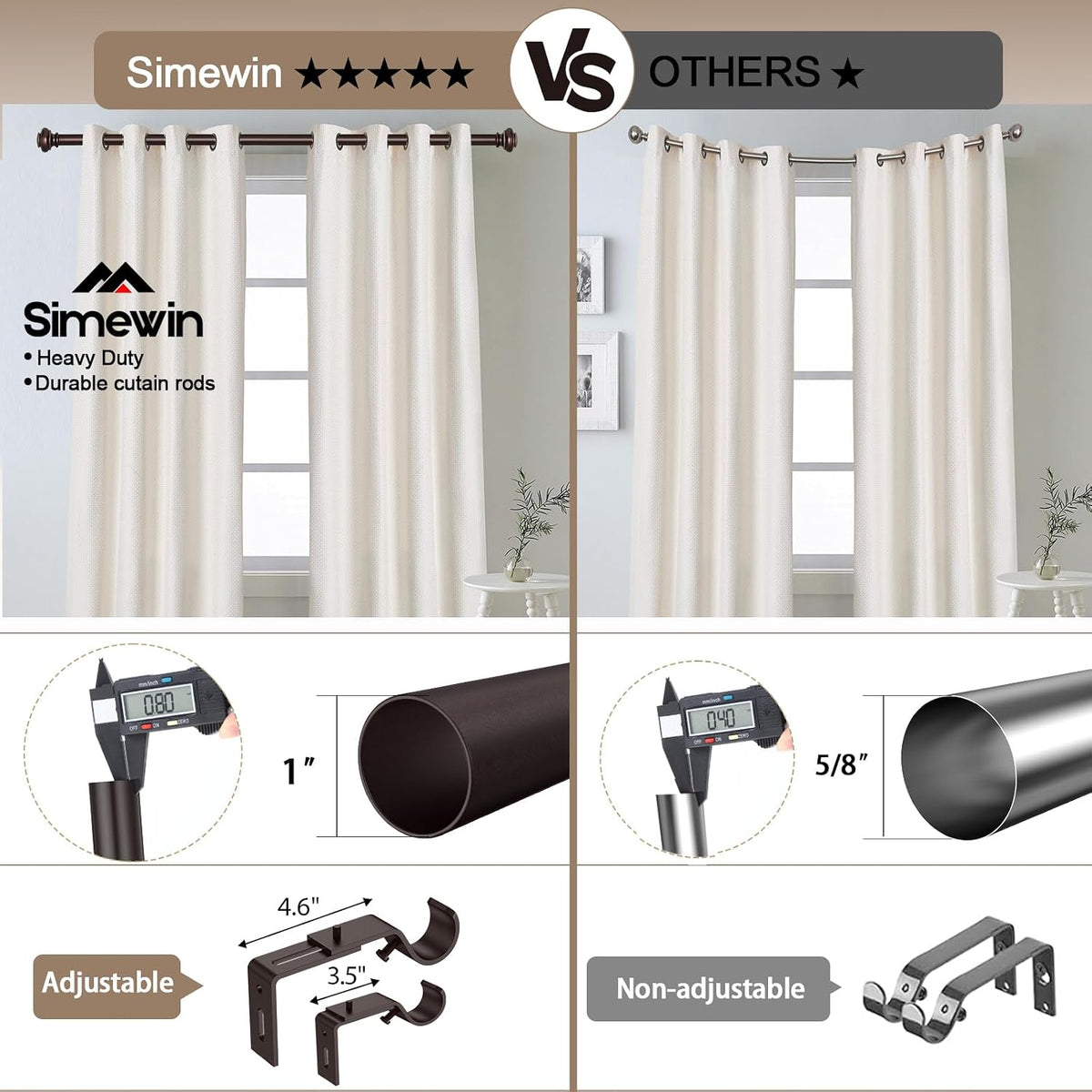 SIMEWIN Heavy Duty Curtain Rods for Windows 48 to 84 Inches, Bronze Curtain Rods with Classic Finials for Bedroom, Living Room, Patio, Kitchen