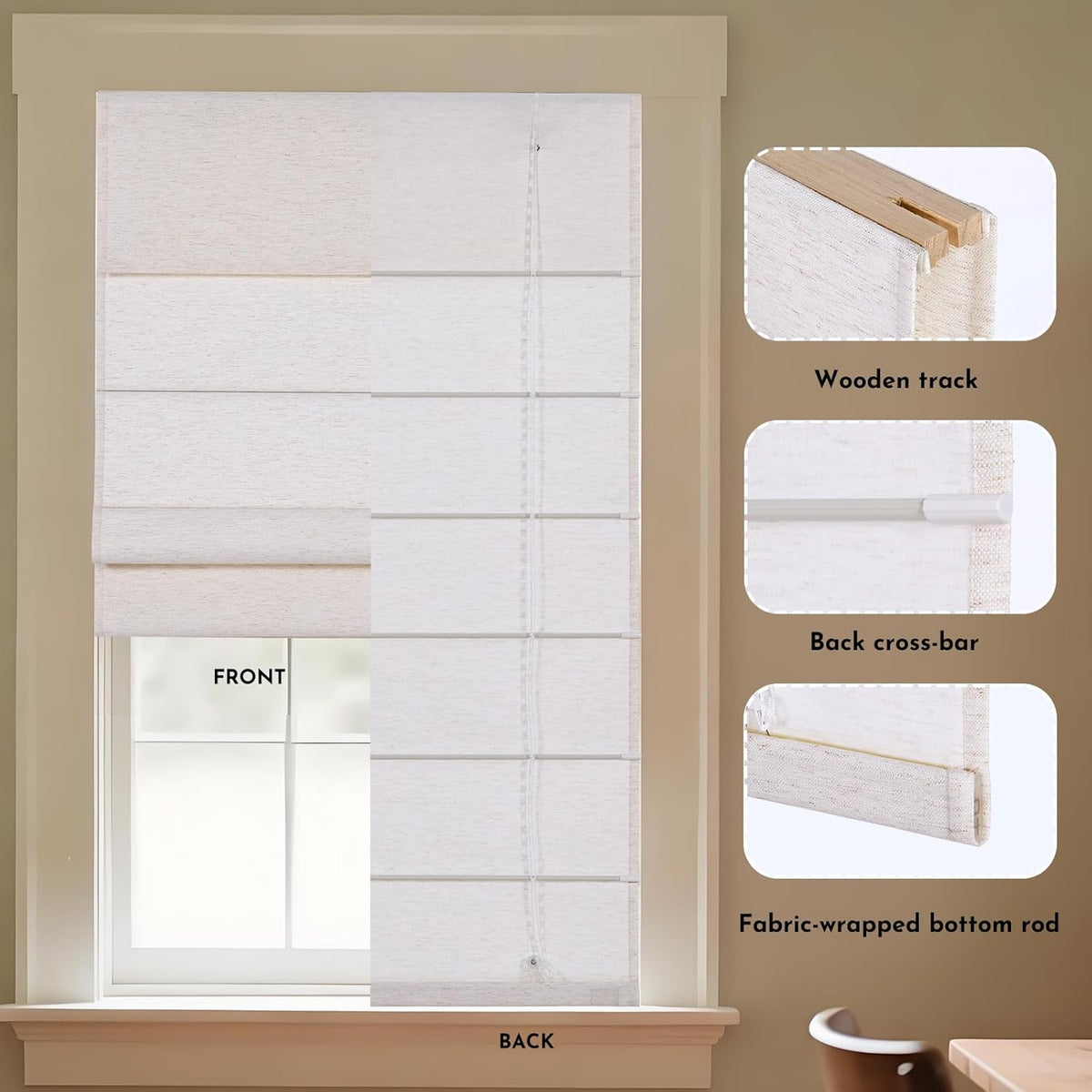 Persilux Light Filtering Roman Shades for Indoor Windows Cordless,Pull Down Linen Fabric Roman Blinds,Privacy Window Shades for Door,Bedroom,Office,Easy to Install,Light Filtering-Cream,Custom Size