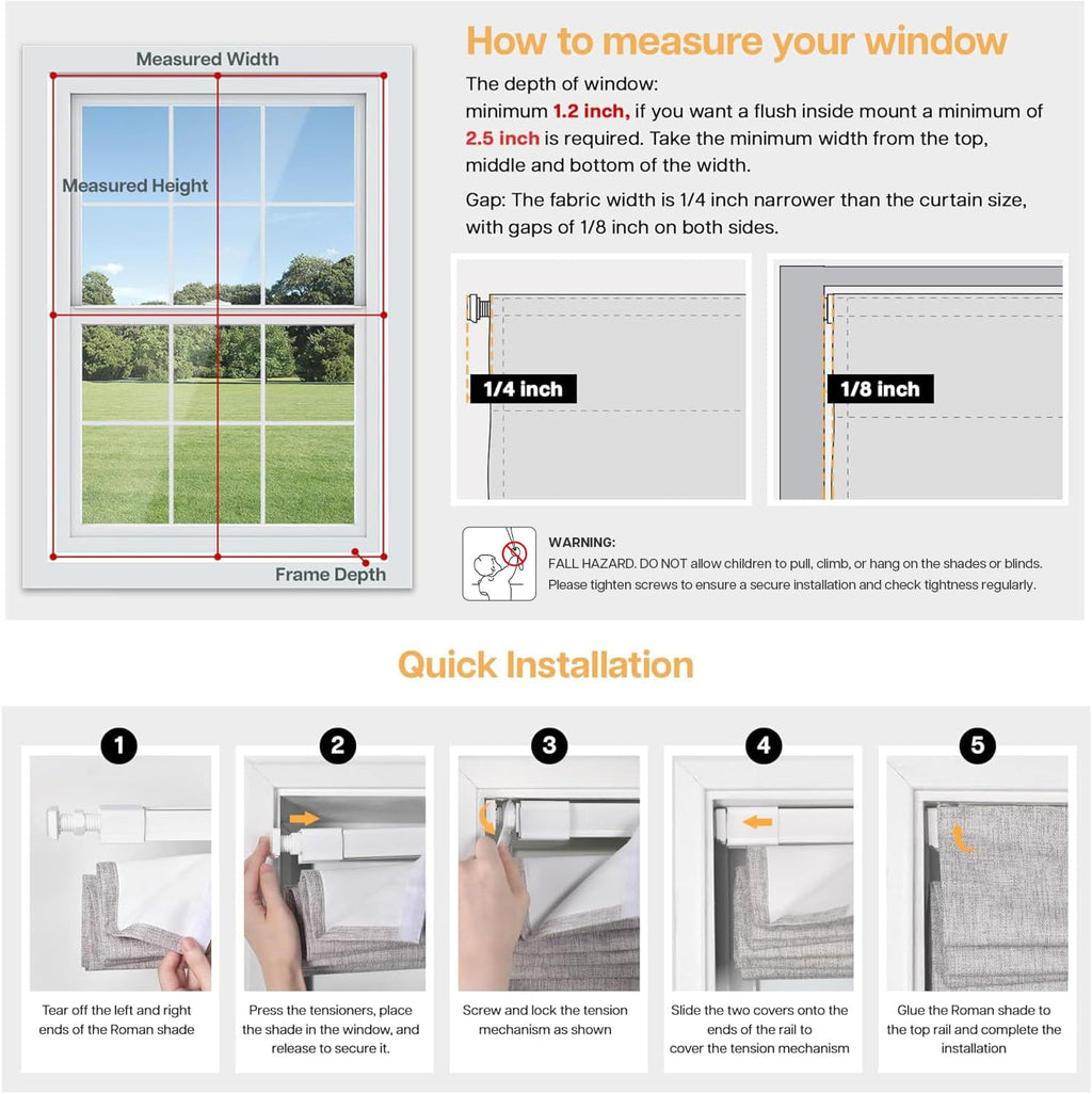 LazBlinds No Drill Cordless Roman Shades, 31'' W x 64'' H, Beige
