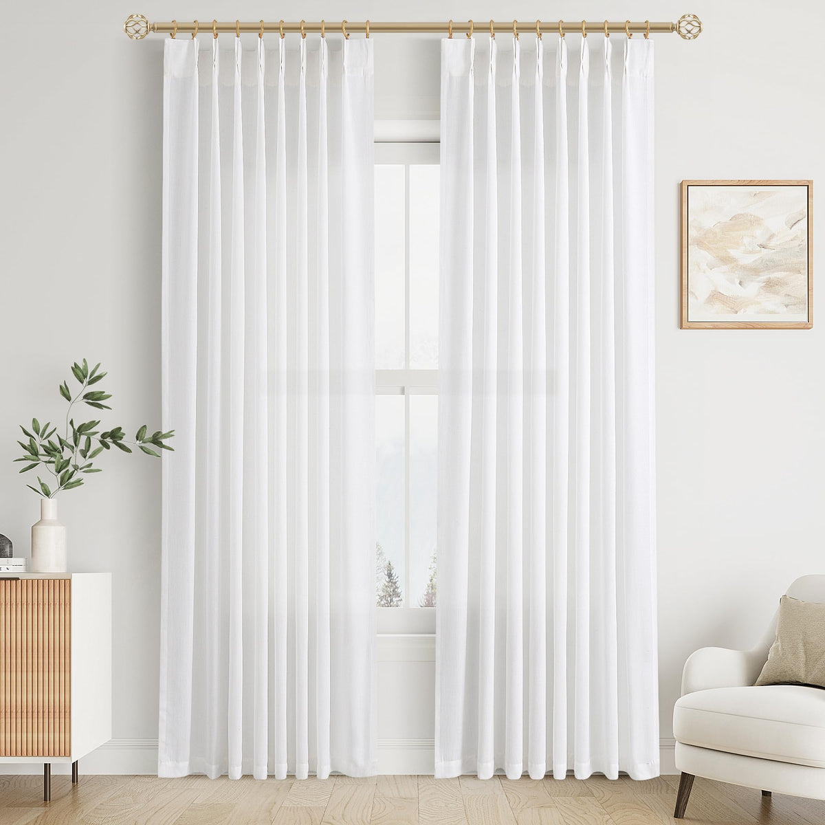 Aersas Linen Pinch Pleated Curtains 84 Inch Length 2 Panels Set for Living Room Cream Semi Sheer Window Curtain for Bedroom Boho Farmhouse Neutral Back Tab Drape Decor with Hooks, Natural Beige Ivory