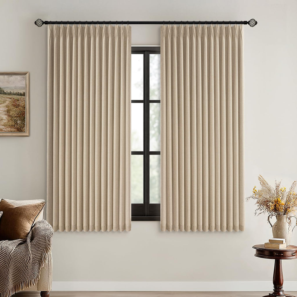 MIULEE Olive Green Pinch Pleated 100% Blackout Linen Curtains 40x108 Inches