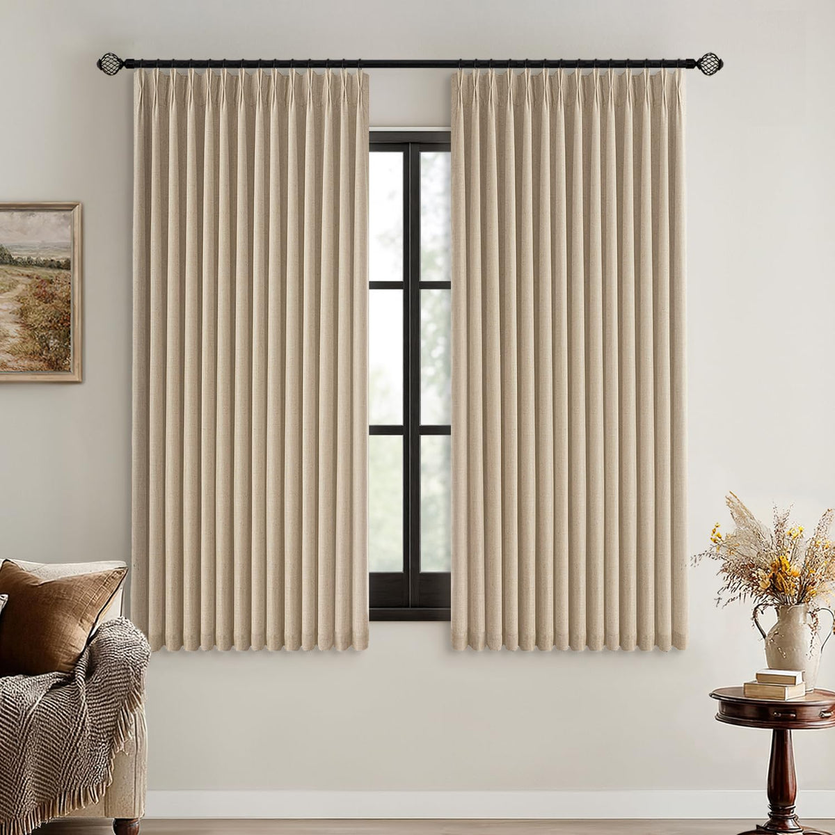 MIULEE Olive Green Pinch Pleated 100% Blackout Linen Curtains 40x108 Inches