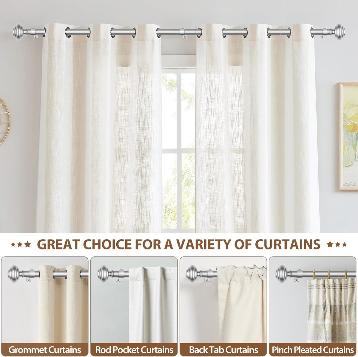 KAMANINA Curtain Rods for Windows 48 to 84 Inches Silver Decorative Finials
