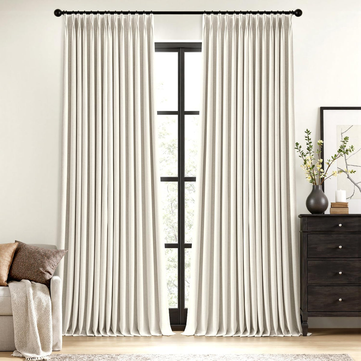 MIULEE Olive Green Pinch Pleated 100% Blackout Linen Curtains 40x108 Inches