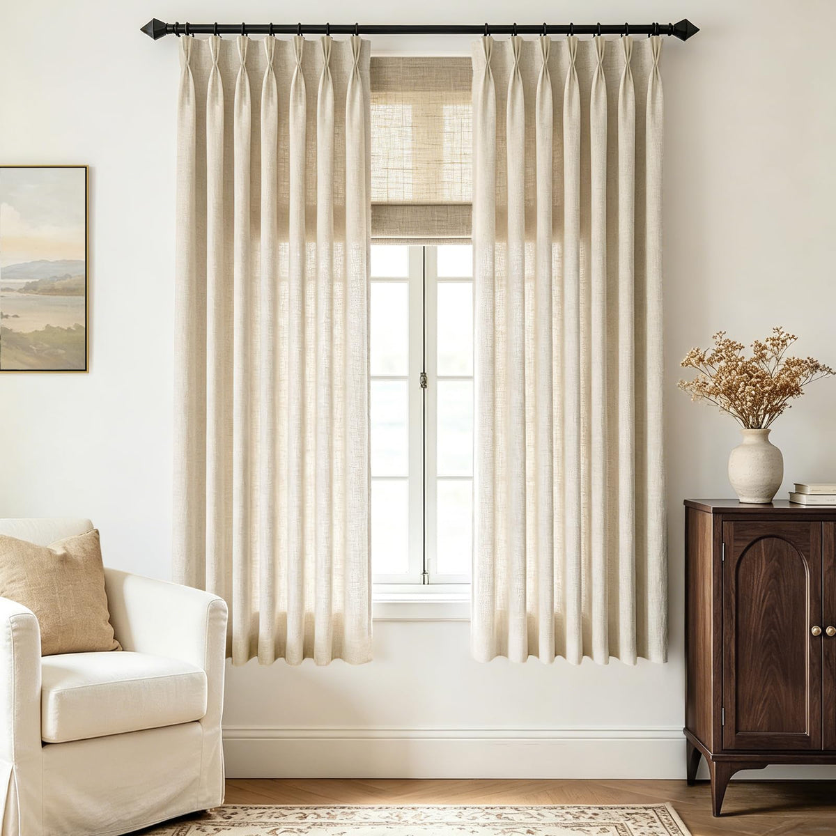 Beige Pinch Pleated Linen Curtains 108 inch Length 2 Panels for Living Room Light Filtering Triple Pleat Curtain Memory Trained FarmhouseNeutral Earthy Thick Flax Linen Drapes 108 inch Long Apricot