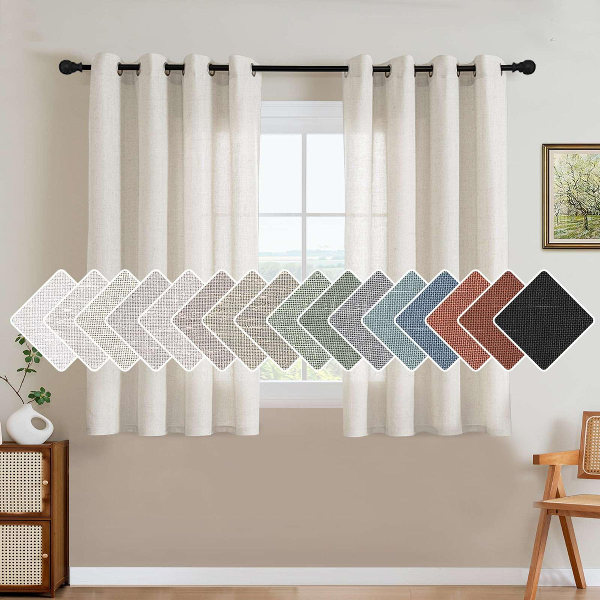 H.VERSAILTEX Natural Linen Grommet Curtains 84 Inch Length for Living Room 2 Panel Drape Semi Sheer Neutral Country Rustic Farmhouse Boho Curtain Bedroom Muslin Look Light Filtering, Heathered Natural