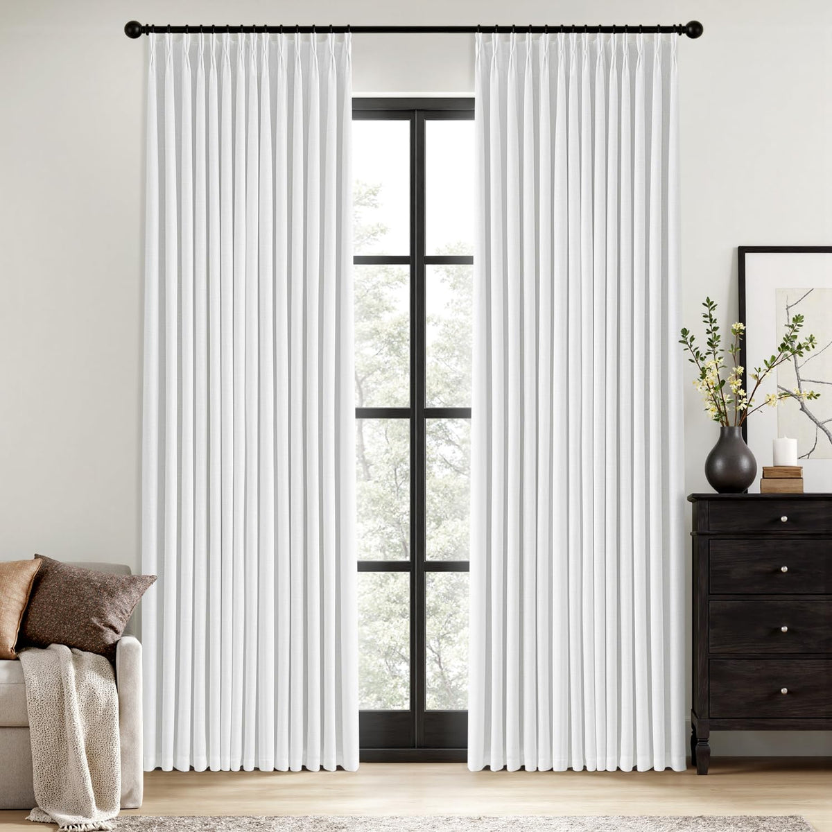 MIULEE Olive Green Pinch Pleated 100% Blackout Linen Curtains 40x108 Inches