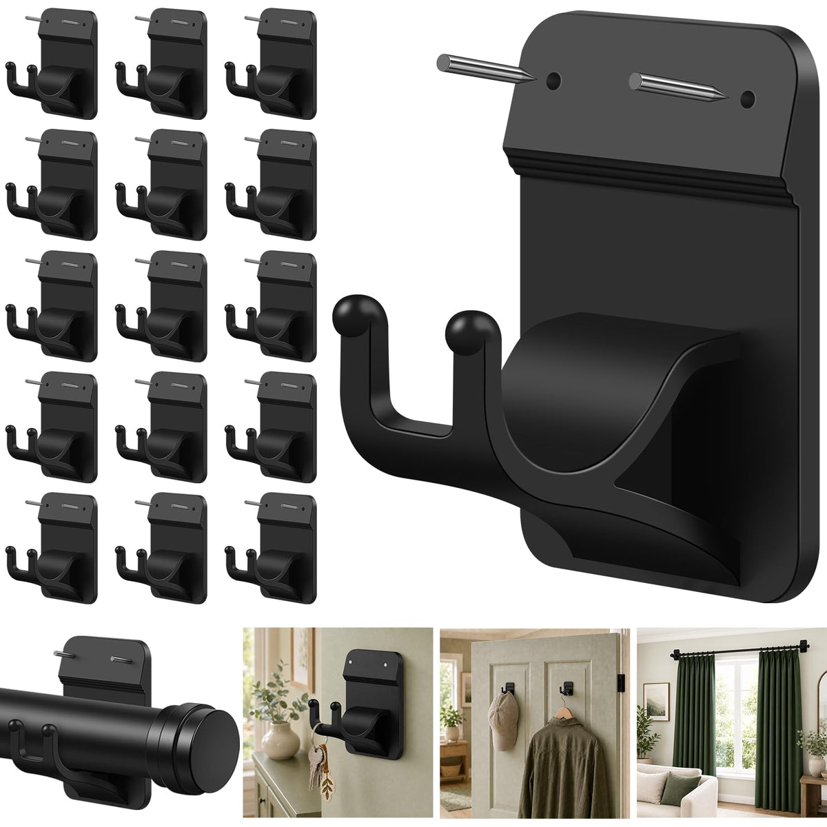 No Drill Curtain Rod Brackets, 8-Pack Adhesive Hooks with Invisible Nails