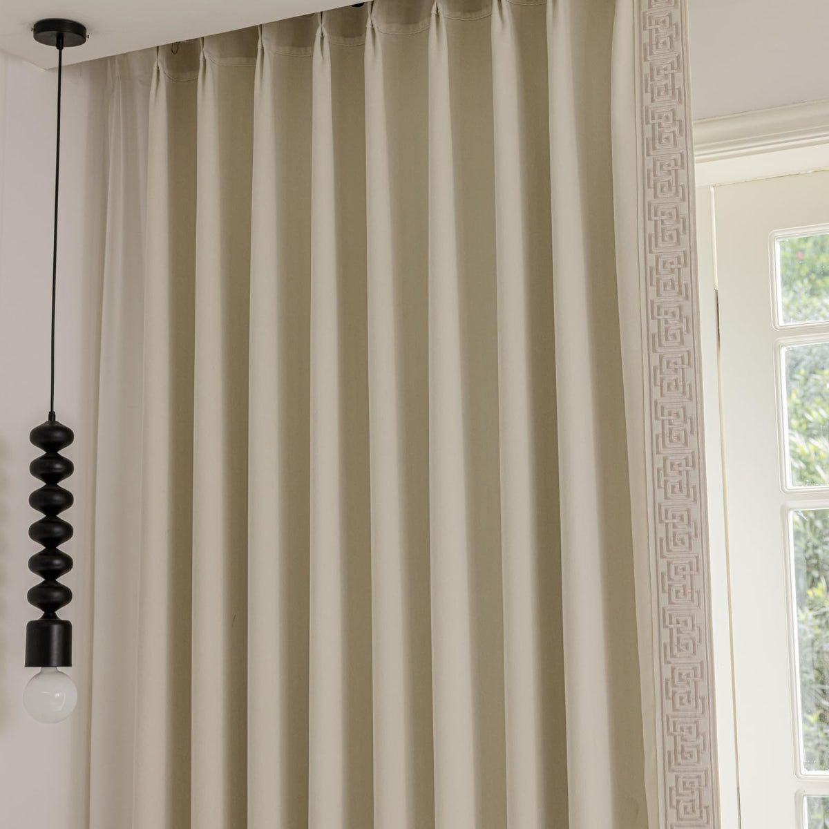 VisionaryHomeDesign Blue Pinch Pleat Cotton Linen Blend Curtains, Drapes with Greek Key Trim, Room Darkening Curtains for Rooms Doors Windows (50‘’W x 84‘’L)