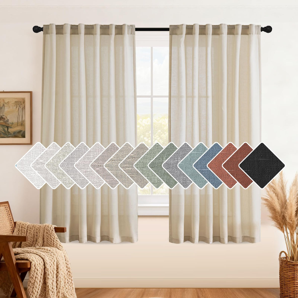 H.VERSAILTEX Natural Linen Grommet Curtains 84 Inch Length for Living Room 2 Panel Drape Semi Sheer Neutral Country Rustic Farmhouse Boho Curtain Bedroom Muslin Look Light Filtering, Heathered Natural