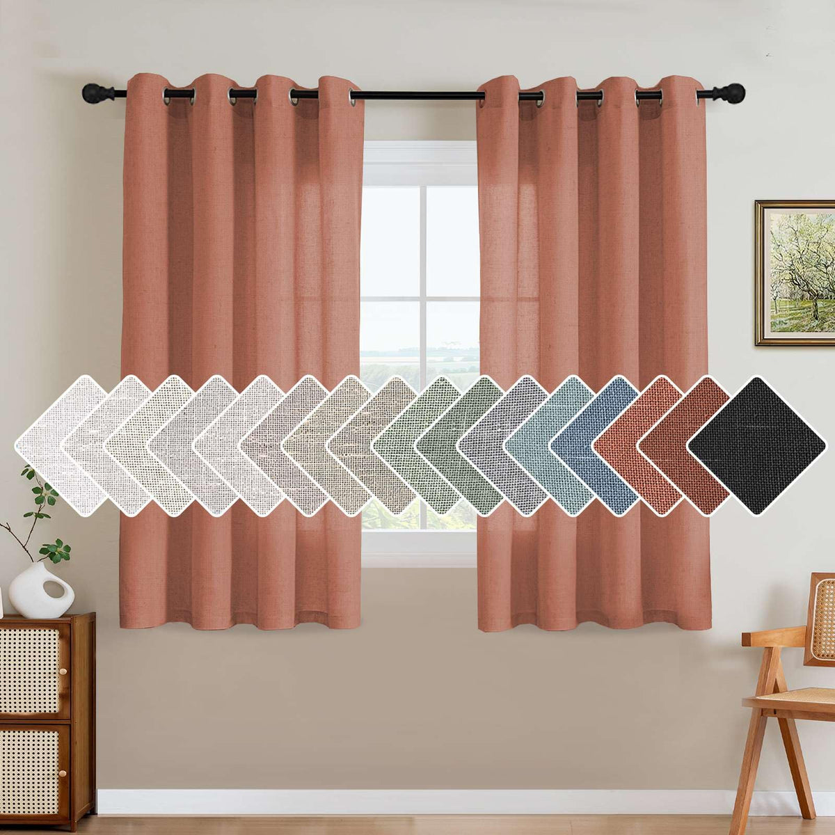 H.VERSAILTEX Natural Linen Grommet Curtains 84 Inch Length for Living Room 2 Panel Drape Semi Sheer Neutral Country Rustic Farmhouse Boho Curtain Bedroom Muslin Look Light Filtering, Heathered Natural