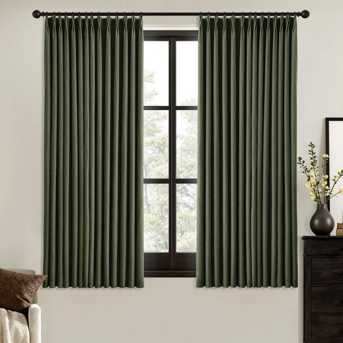 MIULEE Olive Green Pinch Pleated 100% Blackout Linen Curtains 40x108 Inches