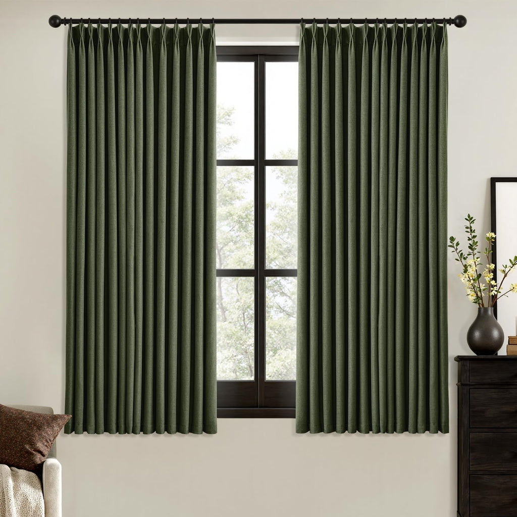 MIULEE Olive Green Pinch Pleated 100% Blackout Linen Curtains 40x108 Inches