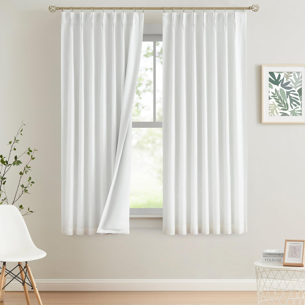 Vision Home Natural Pinch Pleated Full Blackout Curtains Linen Blended Room Darkening Window Curtains 108 inch for Living Room Bedroom Thermal Insulated Pinch Pleat Drapes with Hooks 40" Wx108 Lx2