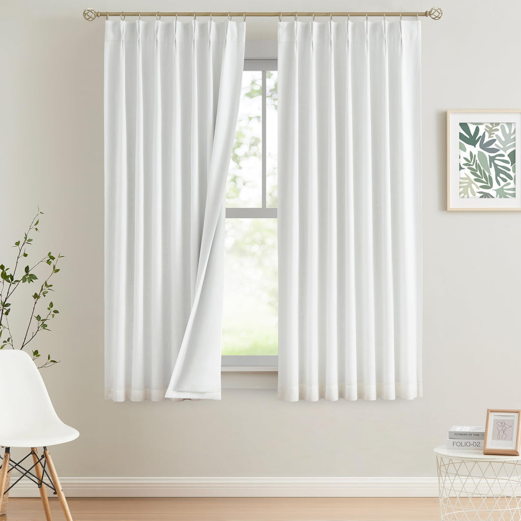Vision Home Natural Pinch Pleated Full Blackout Curtains Linen Blended Room Darkening Window Curtains 95 inch for Living Room Bedroom Thermal Insulated Pinch Pleat Drapes with Hooks 2 Panel 40"Wx95"L