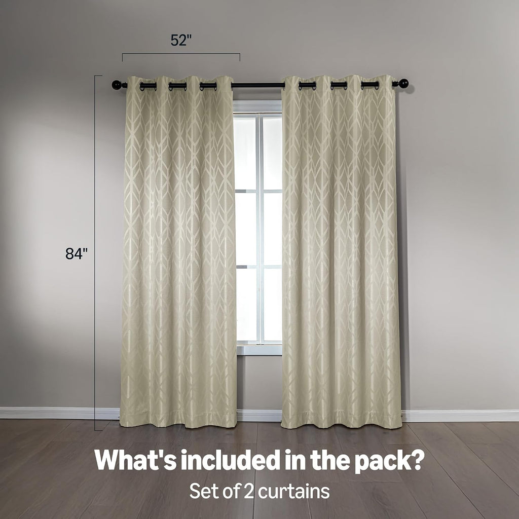 Amazon Basics Jacquard 2-Piece 100% Blackout Curtains, Living Room and Bedroom Drapes, Thermal Insulated Window Treatment, 52"x84", Beige