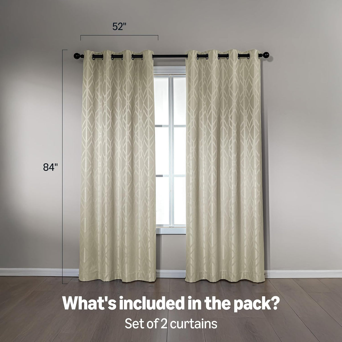 Amazon Basics Jacquard 2-Piece 100% Blackout Curtains, Living Room and Bedroom Drapes, Thermal Insulated Window Treatment, 52"x84", Beige