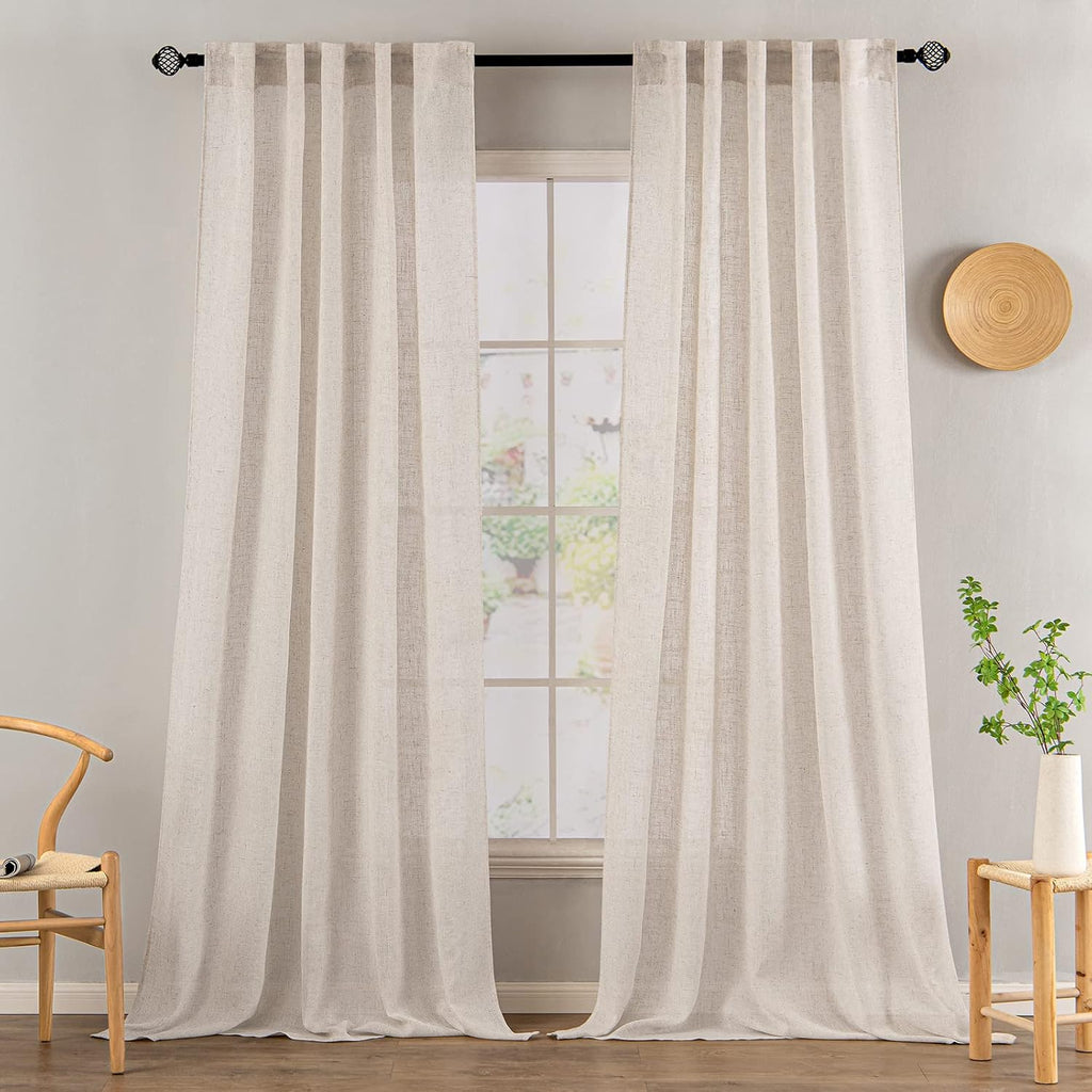 MIULEE Natural White Linen Curtains 52x96 Inch Long 2 Panels for Bedroom