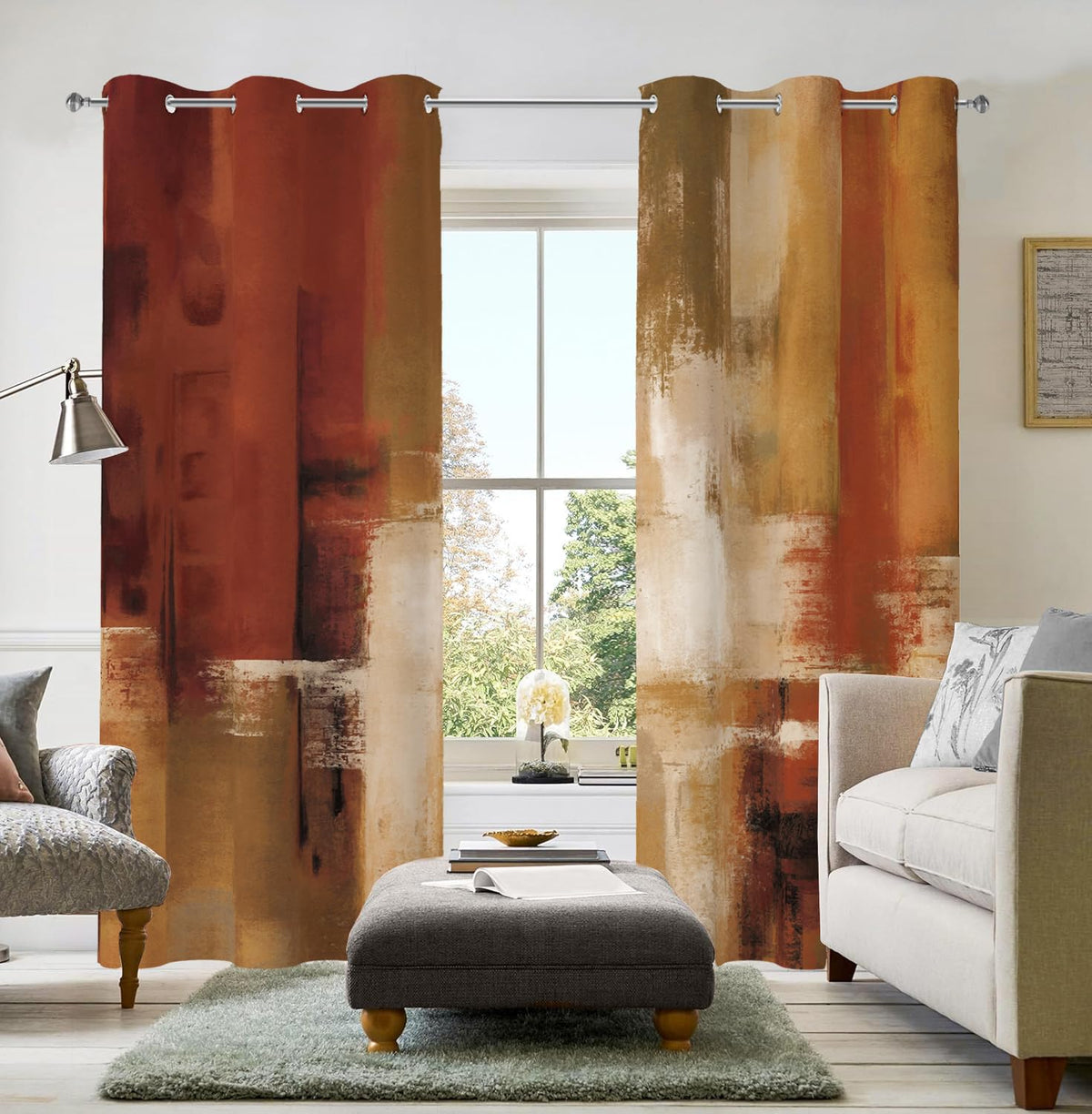 Burnt Orange Abstract Curtains for Living Room Bedroom, 52W x 84L, 2 Panels