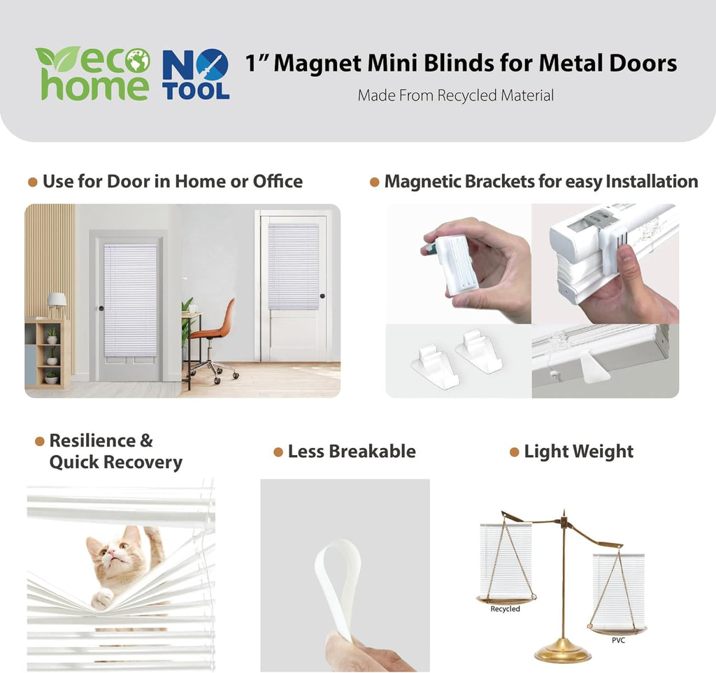 DEZ FURNISHINGS Cordless No Tools 1" Magnet Mini Blinds for Metal Doors, Room Darkening, 25" W x 42" H, White