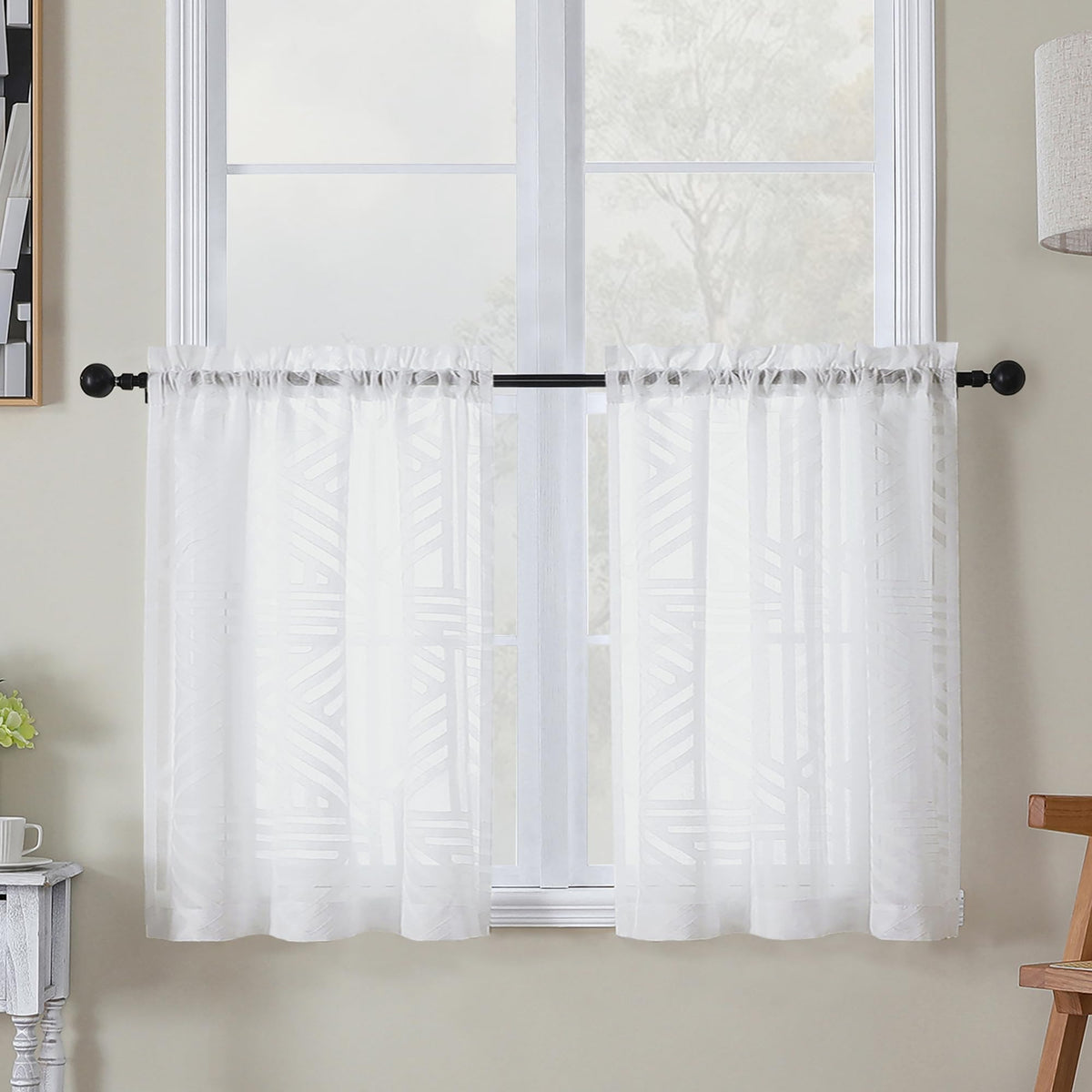 Simplebrand Dusty Blue Semi Sheer Curtains 45 Inch Length 2 Panels, Geometric Jacquard Clip Textured Short Sheer Curtains for Bedroom，Modern Elegant Window Curtains Drapes/Treatment Sheer，42x45 inch