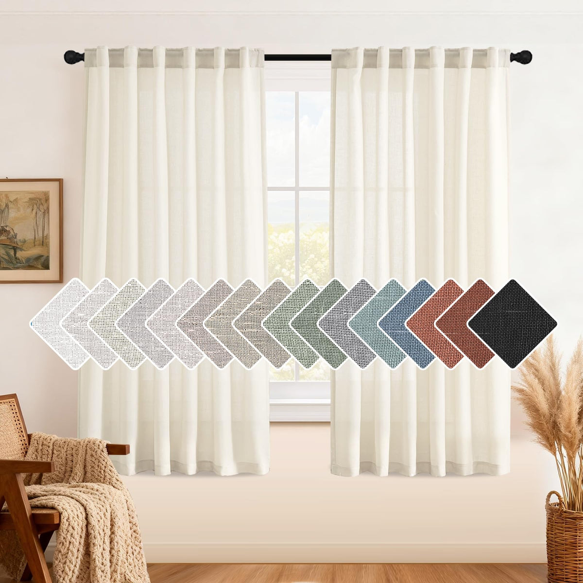 H.VERSAILTEX Natural Linen Grommet Curtains 84 Inch Length for Living Room 2 Panel Drape Semi Sheer Neutral Country Rustic Farmhouse Boho Curtain Bedroom Muslin Look Light Filtering, Heathered Natural
