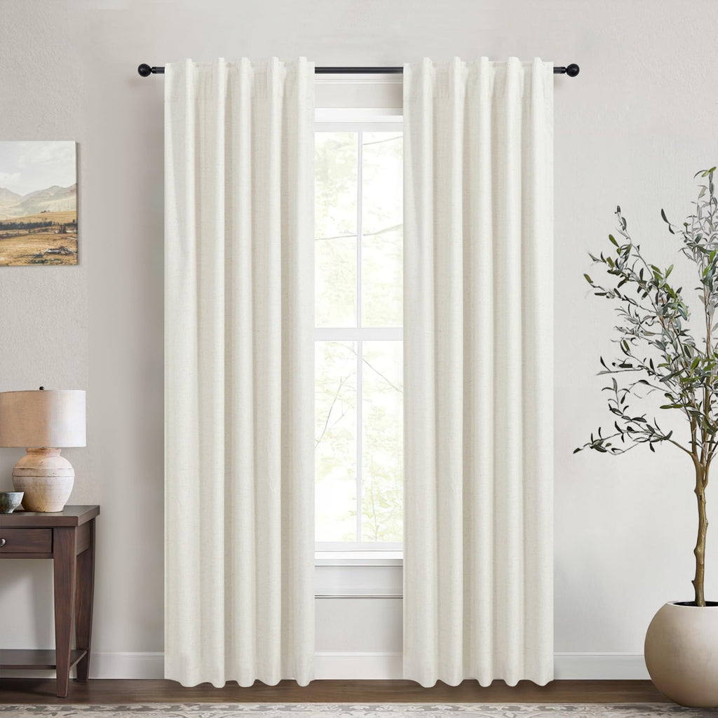 Natural Linen Back Tab Blackout Curtains & Drapes 96 Inch Long for Bedroom Livingroom Farmhouse Curtain 2 Panel Neutral Cute Black Out Room Darkening Thermal Insulated 8ft Pleated Window Curtain Cream