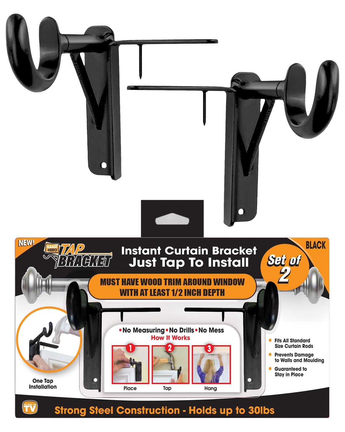 Spark Innovators Tap Curtain Rod Bracket, Bronze, Set of 2 – No Drill Curtain Rod Brackets, Damage-Free, Easy to Install | Fits 1.25" Rods, Holds up to 30 lbs, As Seen on TV – Great Gift Idea for Moms
