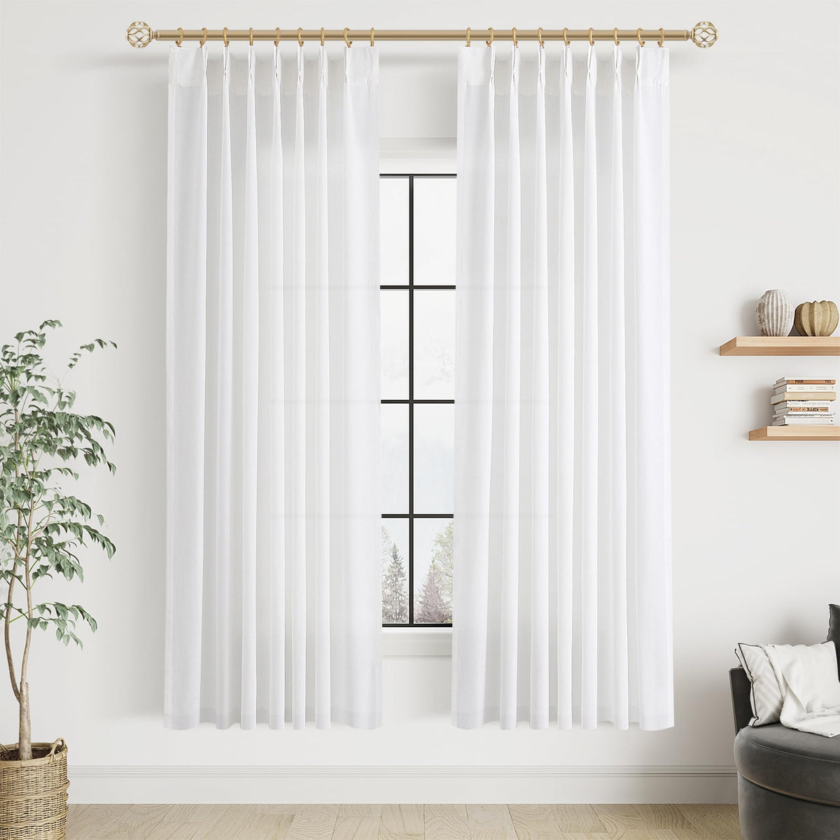 Aersas Linen Pinch Pleated Curtains 84 Inch Length 2 Panels Set for Living Room Cream Semi Sheer Window Curtain for Bedroom Boho Farmhouse Neutral Back Tab Drape Decor with Hooks, Natural Beige Ivory