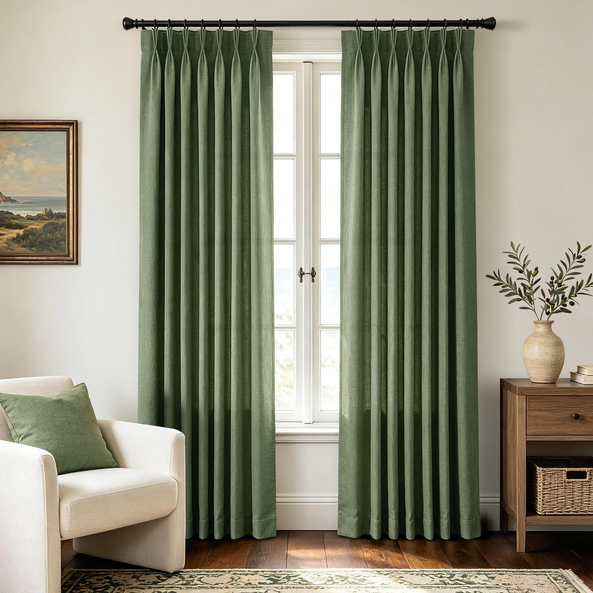 Beige Pinch Pleated Linen Curtains 108 inch Length 2 Panels for Living Room Light Filtering Triple Pleat Curtain Memory Trained FarmhouseNeutral Earthy Thick Flax Linen Drapes 108 inch Long Apricot