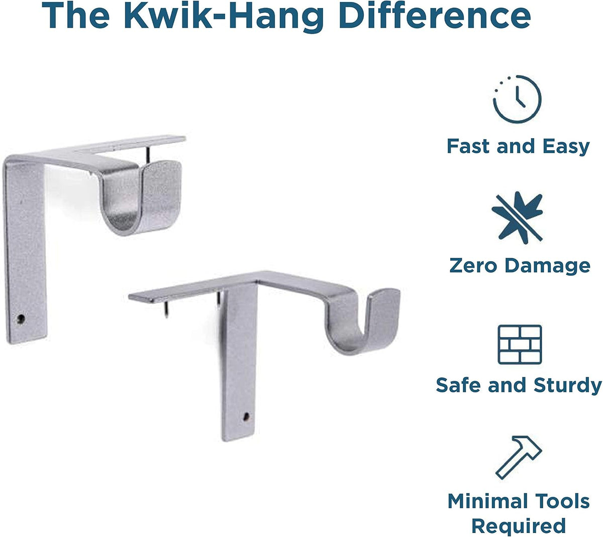 Kwik-Hang Single Curtain Rod Brackets – No Drill, No Damage – Perfect Curtains Every Time – 1” Silver