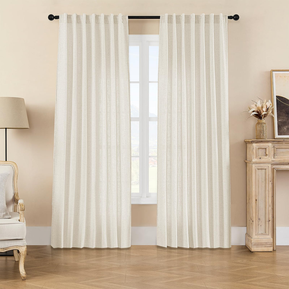 Joydeco Linen Curtains 84 Inch Length 2 Panels,Light Filtering Drapes 52 Inches Wide with Back Tab Rod Pockets (84" L x 52" W, Ivory on Linen)