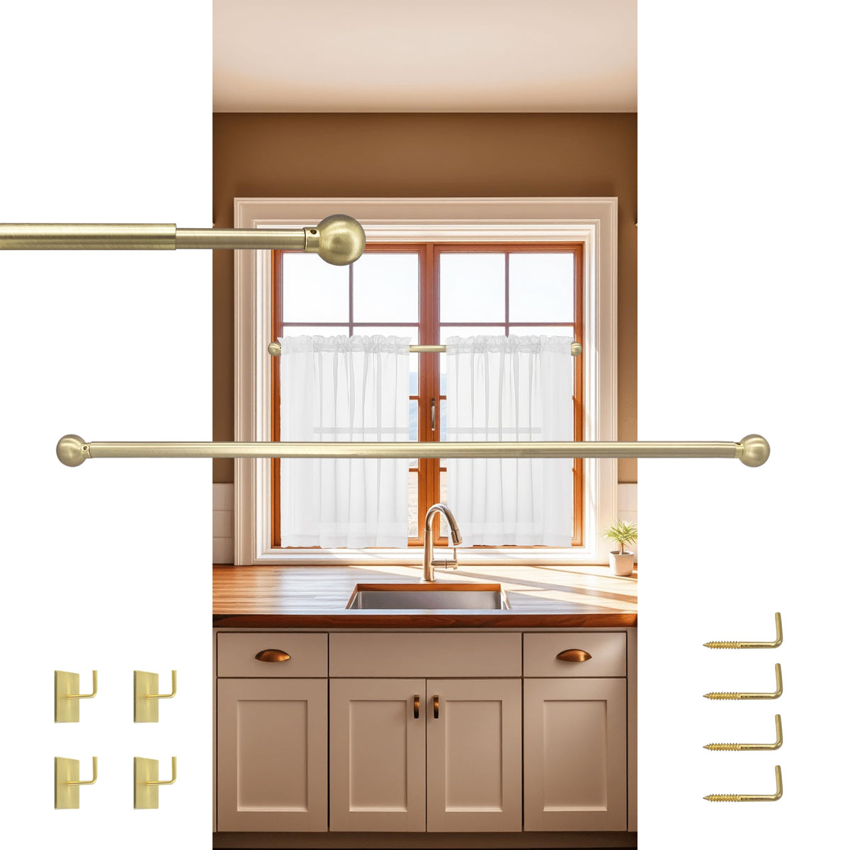 ARNORX 3/8" French Door Curtain Rod, 16-28" Adjustable, Brass Brushed